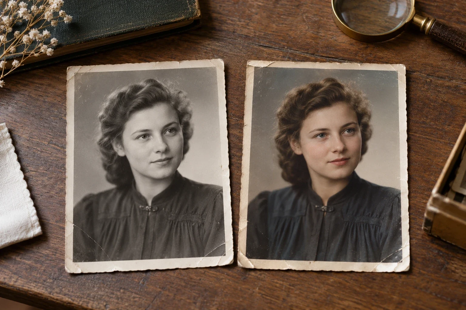 Старая фотография до и после цифровой реставрации — этап или дополнительный пример 1 к статье «Как раскрасить старую чёрно-белую фотографию»