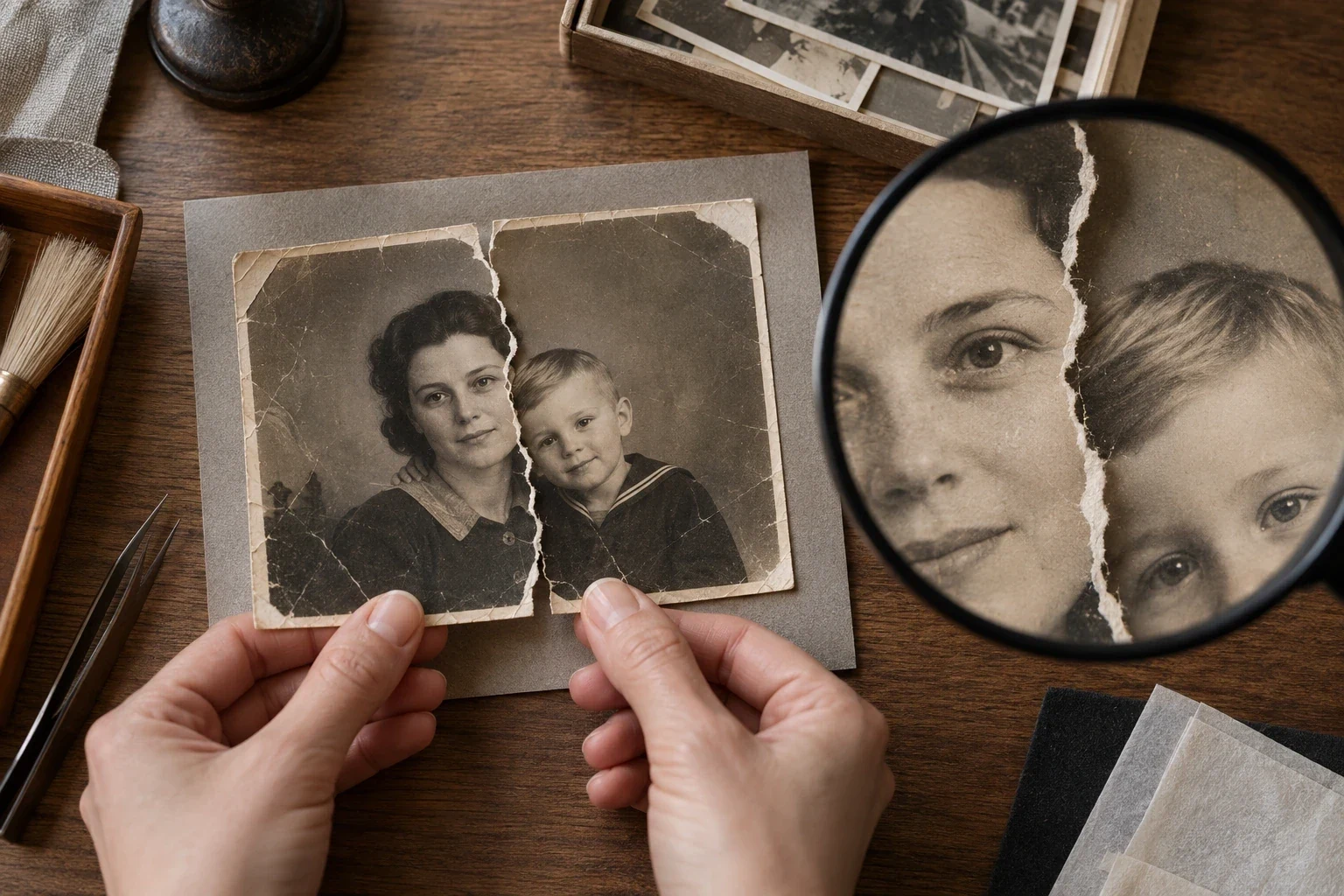 Старая фотография до и после цифровой реставрации — этап или дополнительный пример 2 к статье «Как восстановить порванную фотографию»