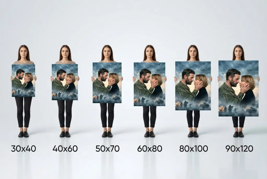 Сравнение размеров печати в сантиметрах: 30×40, 40×60, 50×70, 60×80, 80×100, 90×120 — наглядно по фигуре человека