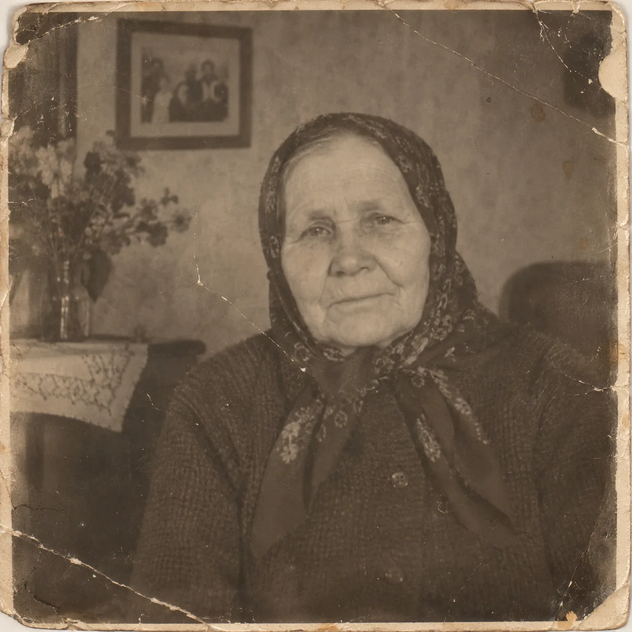 Старая фотография бабушки до реставрации