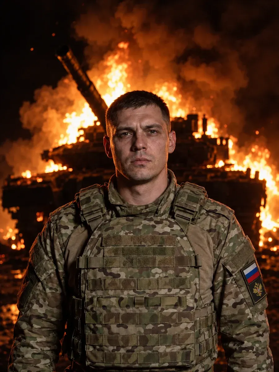 русский солдат на фоне горящей бронетехники