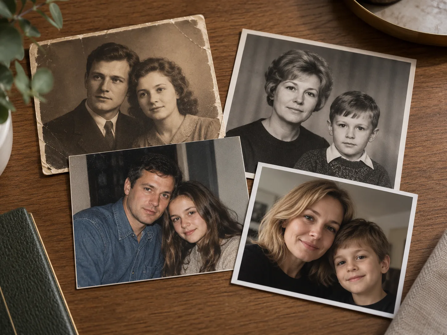 Семейный архив из фотографий разных десятилетий на деревянном столе