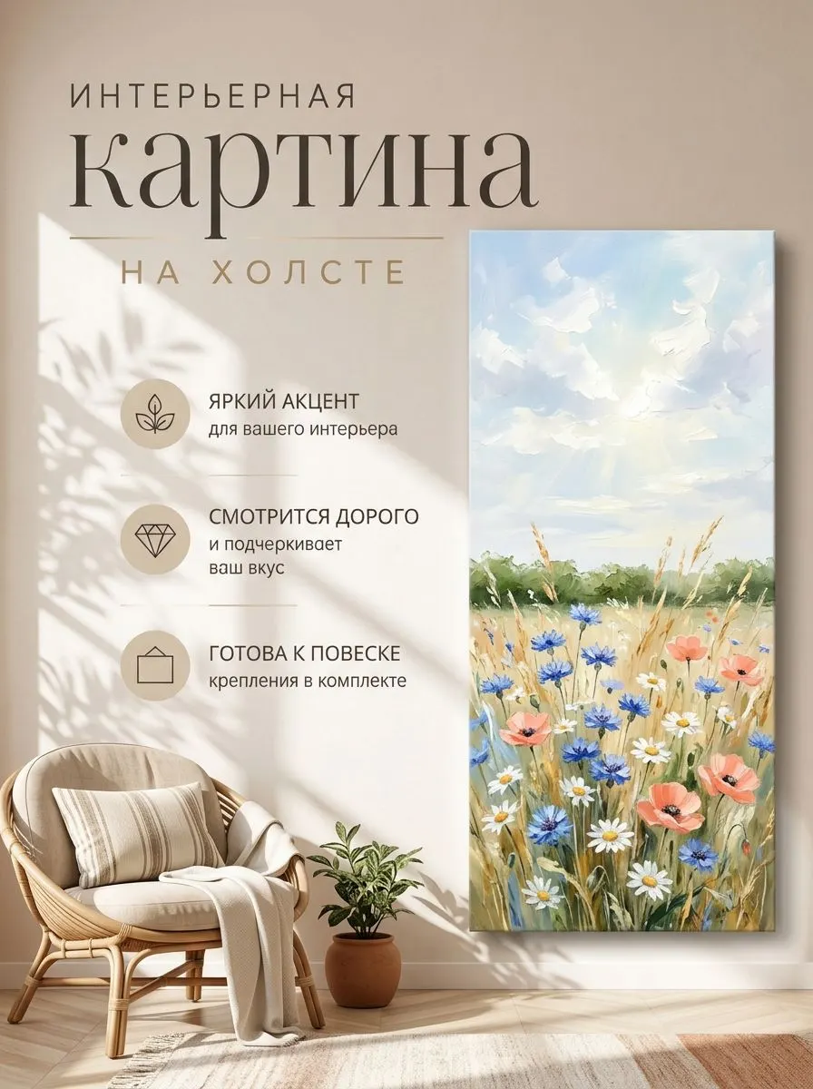 Зеркало ПроАрт Картина панорама на холсте Полевые цветы лето 40х100 см_1