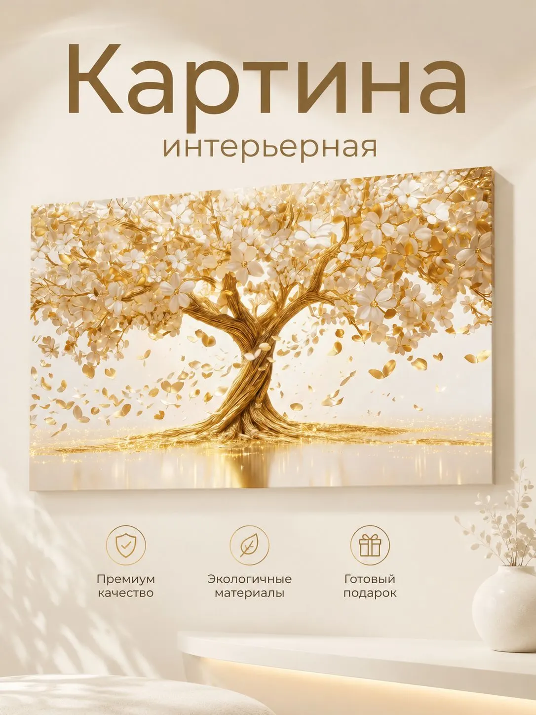 Зеркало ПроАрт Картина панорама на холсте Золотое дерево цветы 60х100 см_1