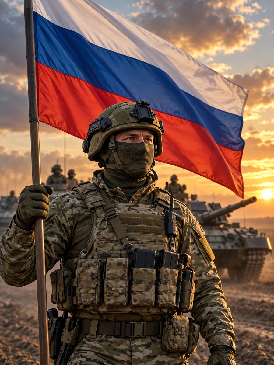 Российский солдат с флагом на закате